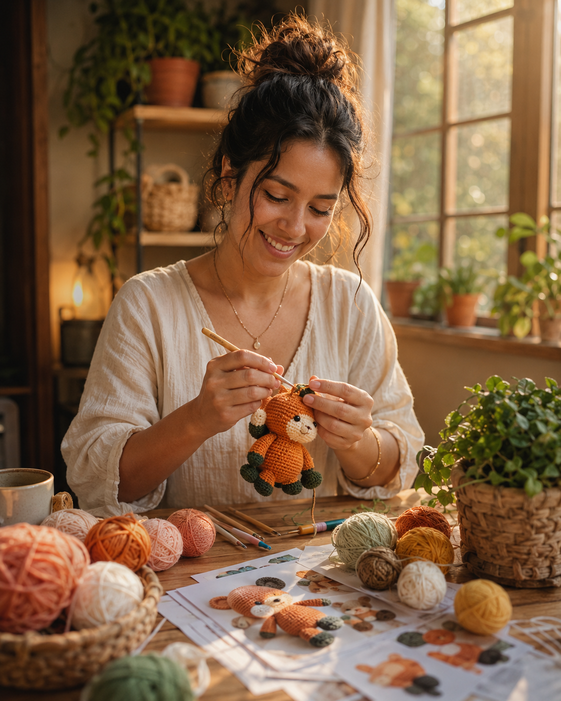 Mulher criando amigurumi de ganchillo em casa