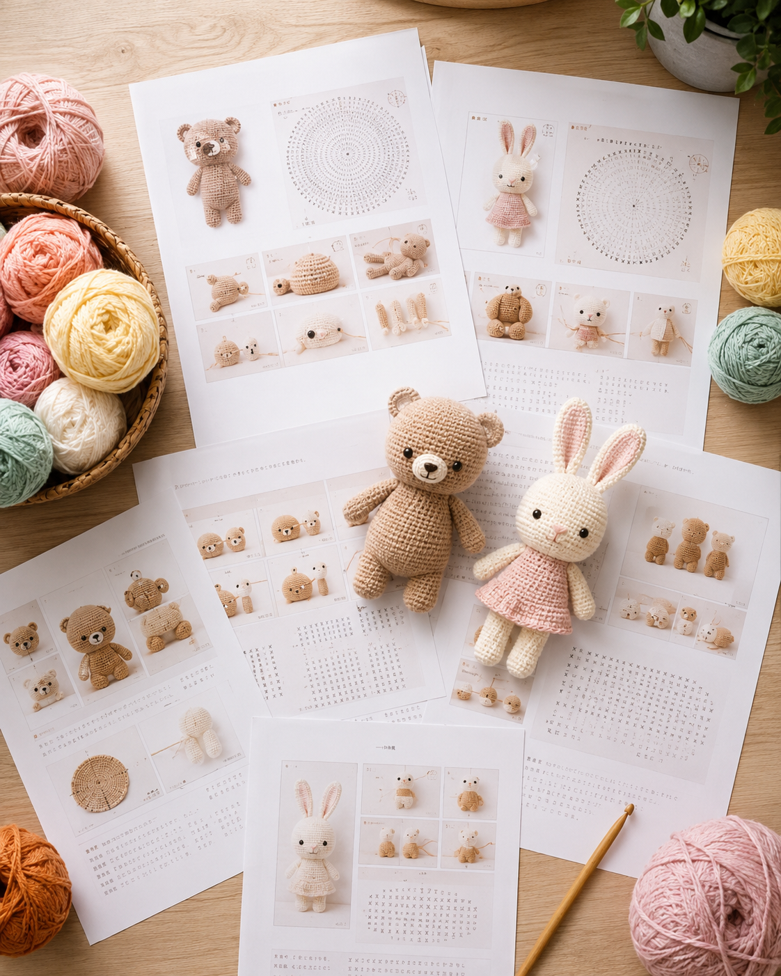 Pack de patrones de amigurumi — hojas impresas con urso y coelho crochê y ovillos de lana